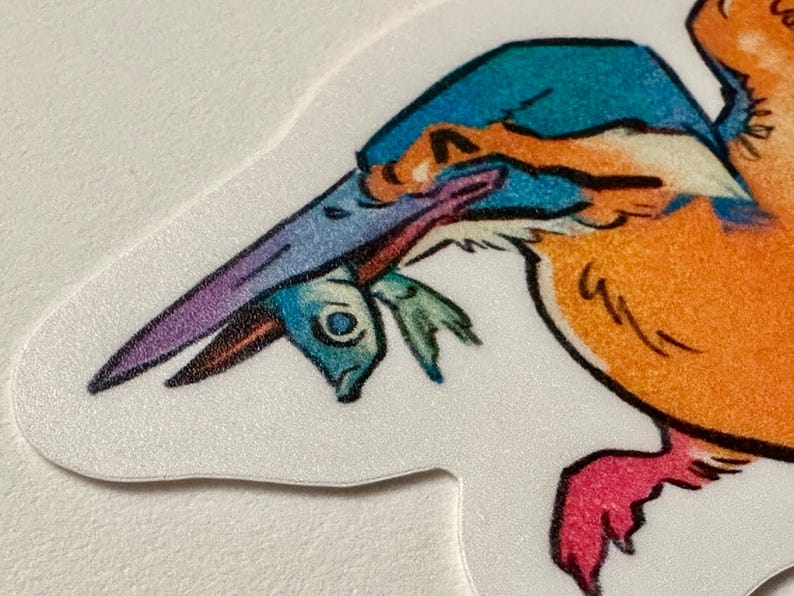 Peut inclure: Un autocollant color&eacute; repr&eacute;sentant un martin-p&ecirc;cheur avec un poisson dans le bec. L'oiseau est illustr&eacute; en bleu, orange et violet, avec un pied rose. Le poisson est bleu et vert.