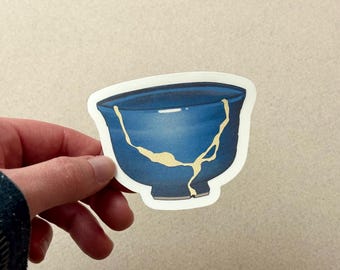 Kintsugi Sticker, Hand Embellished Metallic Gold on Matte Waterproof Stickers, Pottery Decal, Salt Glazed Tea Cup or Blue Bowl Illustration