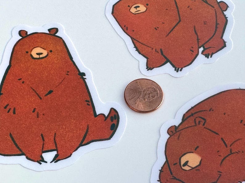 3” set of bear stickers shown with a penny for scale