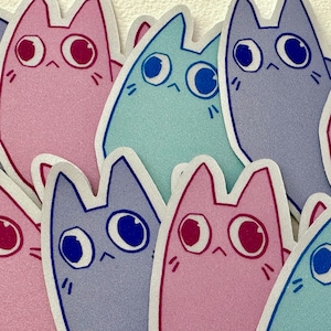 Stickers derpy Cat, Silly Cat Sticker Pack, blauw roze paarse katten, hoofd leeg, kat doodle, schets kit, kleurrijke kat krabbel, vinyl decal