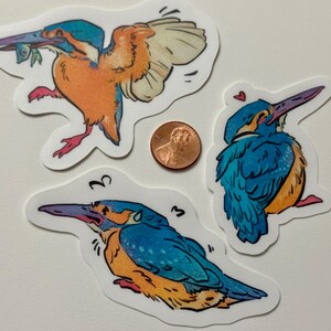 Peut inclure: Trois autocollants color&eacute;s de martin-p&ecirc;cheur avec une pi&egrave;ce de monnaie pour l'&eacute;chelle. Les autocollants pr&eacute;sentent des illustrations de l'oiseau dans diverses poses, avec des couleurs bleues, oranges et blanches. Un autocollant montre l'oiseau en vol, un autre avec un c&oelig;ur et le troisi&egrave;me avec des notes de musique.
