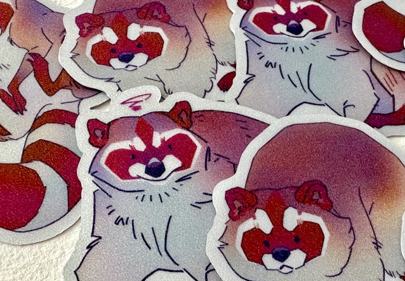 May include: Five colorful stickers featuring cartoon red pandas. The red pandas are depicted in various poses, including sitting, standing, and walking. The stickers have a glossy finish and are perfect for adding a touch of whimsy to laptops, water bottles, or journals.
