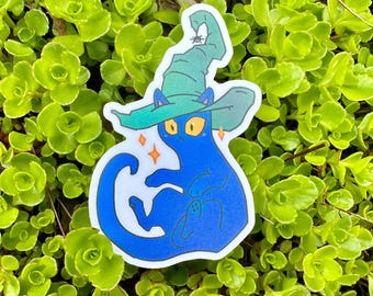 Cat in a Witch's Hat Sparkling Sticker, Magic Cat Sticker, Halloween Witch Hat Decal, Black Cat Witch's Familiar, Witchy Vibes