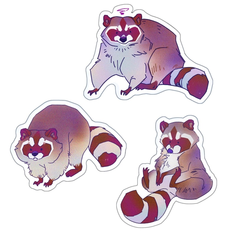 May include: Three illustrated raccoon stickers with a purple, pink, and blue color scheme. The raccoons are sitting in different poses with their tails curled behind them.