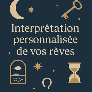 May include: Dark blue graphic with gold celestial elements, including a crescent moon, stars, key, and hourglass. The text reads "Interprétation personnalisée de vos rêves."