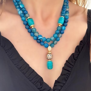 Blue Agate Gemstone Necklace Big Bold Statement Jewelry for Women Turquoise Birthday Anniversary Gift for Her Mothers Day Gift