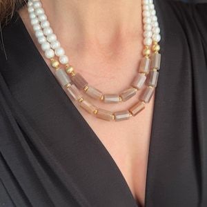 Handmade Gemstone Natural Pearl Necklace Beaded Statement Necklace Big Bold Statement Jewellery Mothers Day Gift Birthday Gift for Her