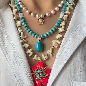 Multi Strand Handmade Necklace Pink Flower Jewelry Gift For Girlfriend Turquoise Pearl Necklace For Her Gift for Women