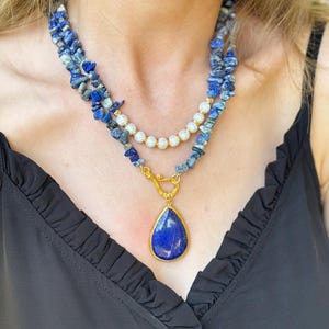 Handmade Sodalite and Natural Pearl Necklace, Big Bold Lapis Lazuli Pendant Jewelry, Unique Birthday Gift for Wife