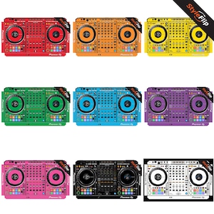 May include: A collection of colorful DJ controllers in various colors, including red, orange, yellow, green, blue, purple, pink, black, and white. Each controller features two circular turntables and a panel of buttons and sliders. The brand name "Pioneer DJ" is visible.