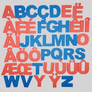 Pode incluir: Um conjunto de letras do alfabeto de espuma em azul e vermelho. As letras estão dispostas em ordem alfabética.