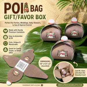 May include: Brown "POI BAG" gift/favor boxes, perfect for parties and special events. The assembled dimensions are 1.5" x 1.5" x 2". The boxes are made of sturdy cardstock and are easy to assemble and fill. The boxes are unique and memorable.