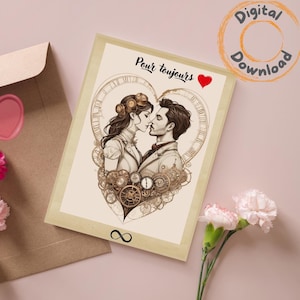 Carte Saint-Valentin Steampunk, Téléchargement instantané à imprimer, carte Saint-Valentin original, Carte romantique, Pour toujours