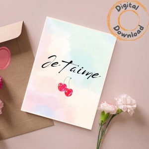Carte d'amour Saint-Valentin, Carte romantique, Cerise, Je t'aime, téléchargement numérique, carte à imprimer, amour
