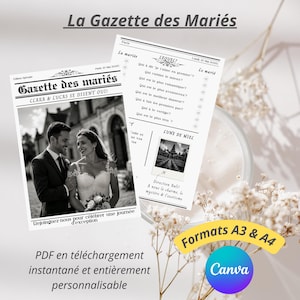Gazette des Mariés, Wedding Invitation, Customizable Wedding Invitation Template - Wedding Journal Canva Model A3,A4