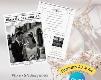 Gazette des Mariés, Wedding Invitation, Customizable Wedding Invitation Template - Wedding Journal Canva Model A3,A4