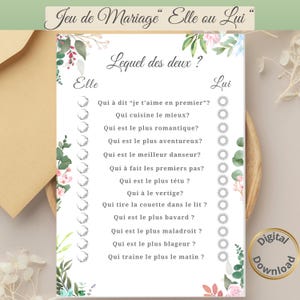 Jeu de Mariage, Elle ou Lui, Activité mariage ,Thème floral, Animation Invités, téléchargement numérique, bohème, champêtre