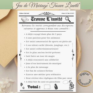 Peut inclure: Une carte de jeu imprimable en noir et blanc avec le titre "Jeu de Mariage Trouve L'invité". La carte présente une liste d'indices pour aider à trouver l'invité de mariage qui correspond à chaque description. La carte comprend également le texte "Edition Spéciale" et "Paris, 12 Mai 2025".