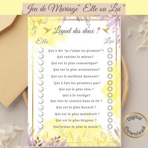 Jeu de Mariage, Elle ou Lui, Activité mariage ,Thème floral, Animation Invités, téléchargement numérique