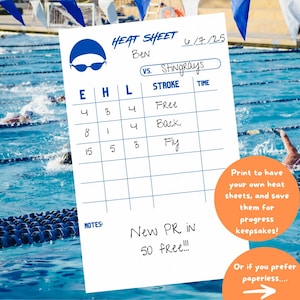 Descarga instantánea: hoja de series de competencias de natación: hoja de series reutilizable, imprimible y digital para competencias de natación para realizar un seguimiento de las carreras y los tiempos