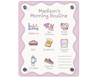 Custom acrylic morning routine for girls with icons - mountable, dry erase friendly
