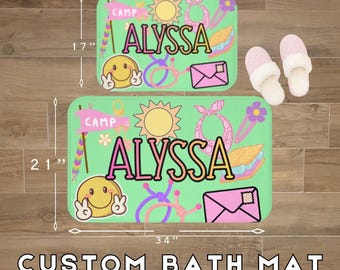 Custom Camp Bath Mat – Personalized Name, Cottage-core Gingham Border