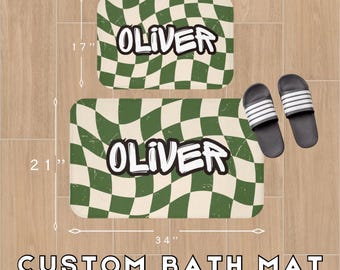 Custom Boys Camp Bath Mat – Gingham Name Design, Cottage-core Style