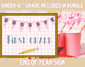 End of School Year Sign Bundle - Last day of school sign/decoration - pink/gingham Kindergarten-6th Grade Bundle
