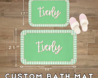 Personalized Mint Green Gingham Bath Mat – Cottagecore Camp Style