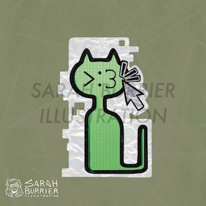May include: A green cat-shaped illustration with a black outline and a pixelated texture. The cat has the face of an emoticon with the symbols '> : 3'. A computer cursor is pointing at the cat's face. The illustration is on a textured background with the text 'SARAH BURRIER ILLUSTRATION'.