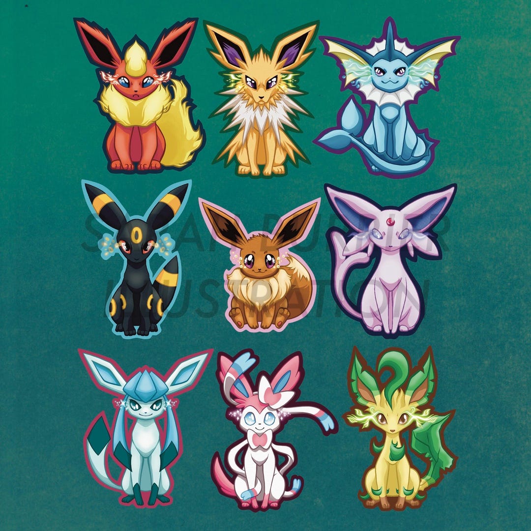Everon Stickers Eeveelutions Waterproof Pokemon Sticker Set: Eevee, Jolteon, Flareon ...