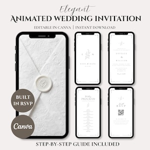 Plantilla de video de invitación de boda animada, invitación digital editable en Canva, sitio web de confirmación de asistencia, código QR, tarjeta minimalista para guardar la fecha.