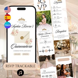 May include: A digital Quinceañera invitation displayed on a smartphone screen, featuring a gold crown, floral accents, and an envelope with a wax seal. The design includes text for Sophia Rivera's celebration, RSVP options, and a countdown timer.