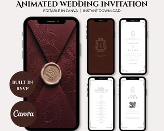 Animated Wedding Invitation Video Template, Canva Editable Digital Invite, RSVP Website, QR Code, Dark Red Elegant Save the Date