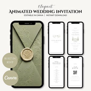 May include: Five smartphones displaying digital wedding invitation templates. One screen shows a sage green envelope with a wax seal. Four screens show white invitation cards with black text, including Save the Date, wedding details, program, and RSVP with a QR code.