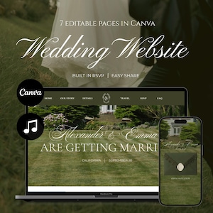 Op de afbeelding: Een digitale trouwwebsite-sjabloon met 7 bewerkbare pagina's in Canva. De interface toont een donkergroene navigatiebalk met links voor home, verhaal, details, reizen, RSVP en FAQ. Het hoofdscherm toont Alexander & Emma gaan trouwen in Californië op 20 september, met een mobiele weergave die een envelop-icoon toont.