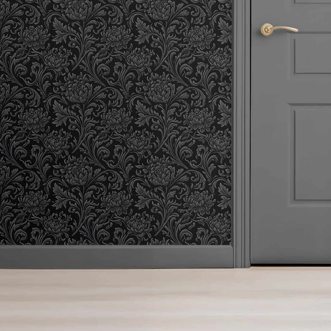 Black Floral Chrysanthemum Wallpaper Dark Victorian Gothic Baroque ...