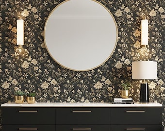 Elegant Victorian Floral Wallpaper Cream Black Vintage Botanical Mural Traditional English Country Cottage Wallcovering Romantic