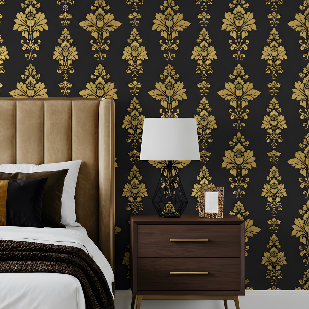 Metallic Gold Black Victorian Damask Wallpaper Baroque Stripe Ornate ...