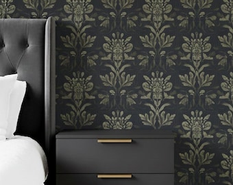 Olive Green Elegant Damask Floral Wallpaper Dark Luxury Victorian Vintage Mural Timeless European Baroque Wallcovering Traditional Aesthetic