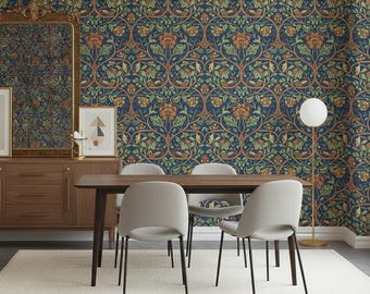 William Morris Wallpaper Navy Blue Rust Bold Victorian Medieval Garden Mural Arts and Crafts Dramatic Wallcovering Oak Leaf Gothic Trellis