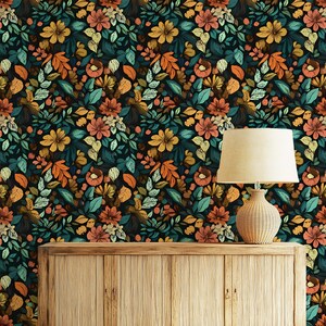 Moody Tropical Leaf Wallpaper Bold Floral Botanical Mural Peel and Stick Vintage Autumn Flower Wallcovering Dark Garden Wall Decor