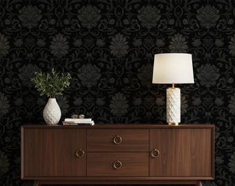 Black Damask Wallpaper Floral Pattern Victorian Style Gothic Decor Accent Wall Bathroom Bedroom Elegant Design Vintage Look Traditional