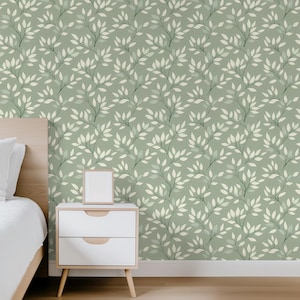 Minimalist Leaf Wallpaper Peel and Stick Scandinavian Wallpaper Sage Green Leaves Wallpaper Foliage Wallpaper Soft Botanical Wallpaper