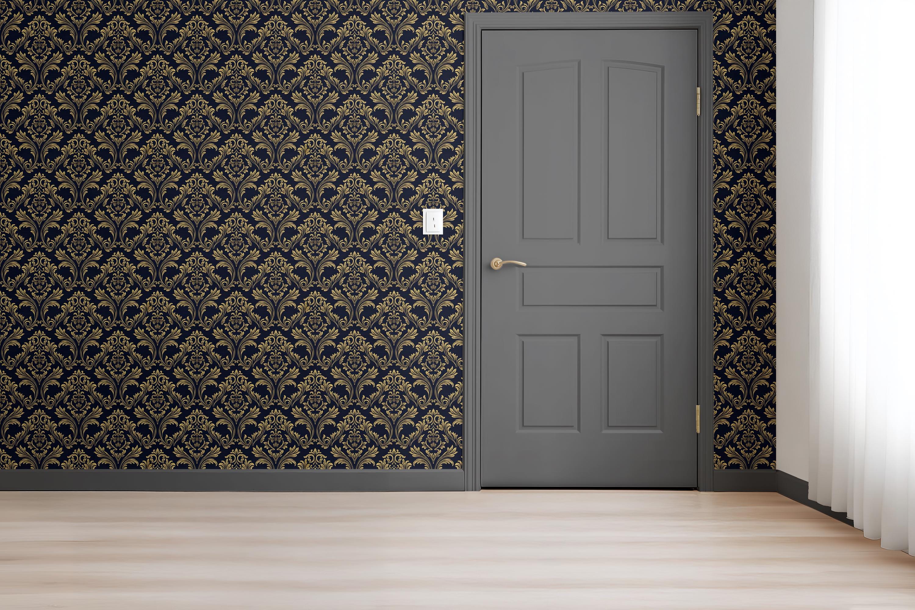 Navy Blue Gold Luxury Victorian Baroque Wallpaper Damask Mural Metallic ...