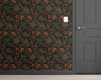 Forest Green Bronze Black Botanical Wallpaper Dark Victorian Gothic Baroque Acanthus Scrollwork Mural Moody Luxury Dramatic Wallcovering
