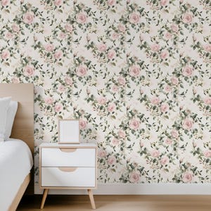 Pink Rose Floral Wallpaper Romantic Vintage Flower Mural Peel and Stick Eucalyptus Botanical Wallcovering English Garden Wall Decor