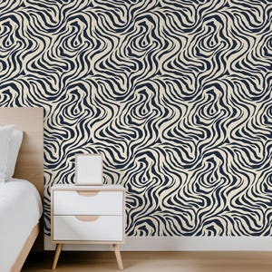 Dramatic Elegant Wallpaper Living Room Boho Zebra Stripe Wallpaper Abstract Pattern Wallpaper Blue and Cream Wallpaper Wavy Wallpaper