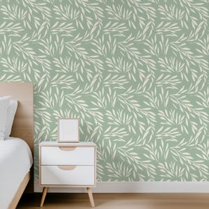 Sage Green Botanical Wallpaper Minimalist Leaf Wallpaper Peel and Stick Scandinavian Wallpaper Foliage Wallpaper Nature Wallpaper