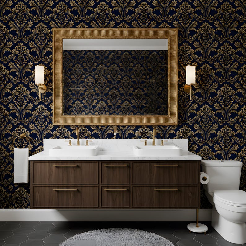 Navy Blue Gold Luxury Victorian Baroque Wallpaper Damask Mural Metallic ...